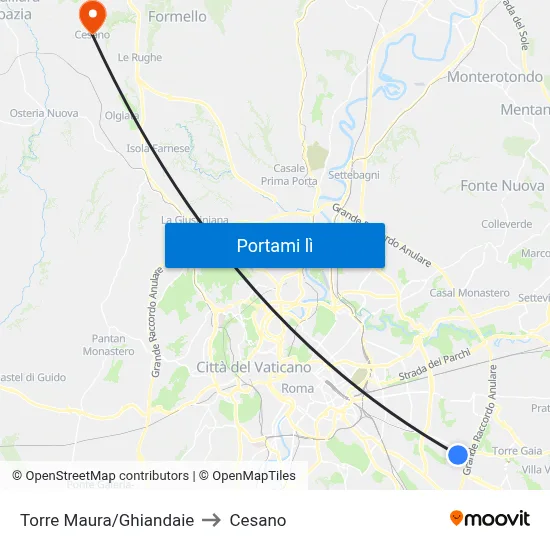 Torre Maura/Ghiandaie to Cesano map