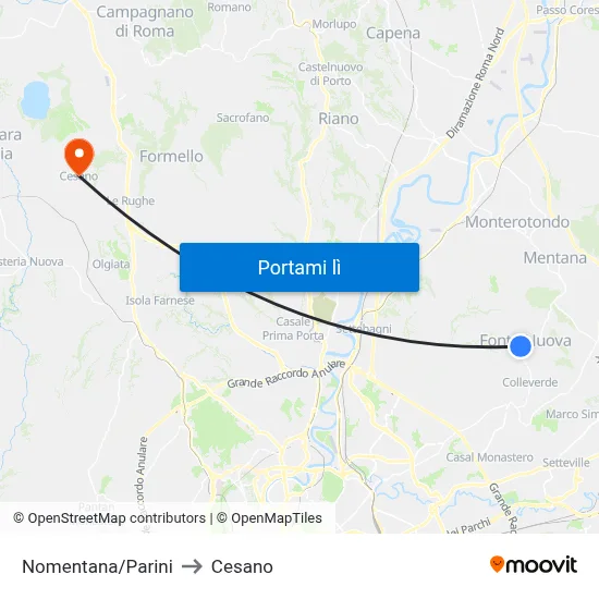 Nomentana/Parini to Cesano map