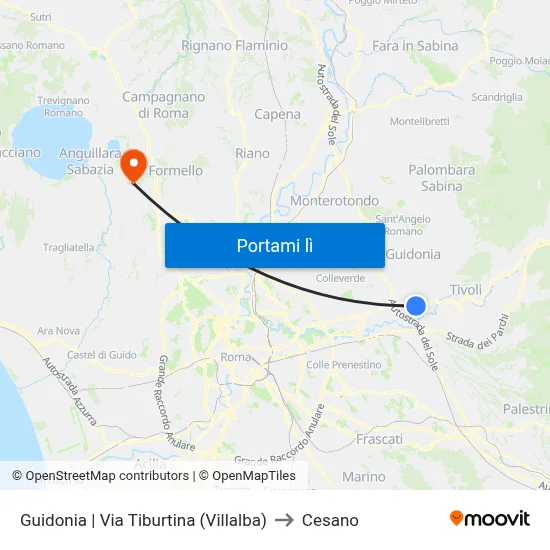 Guidonia | Via Tiburtina (Villalba) to Cesano map