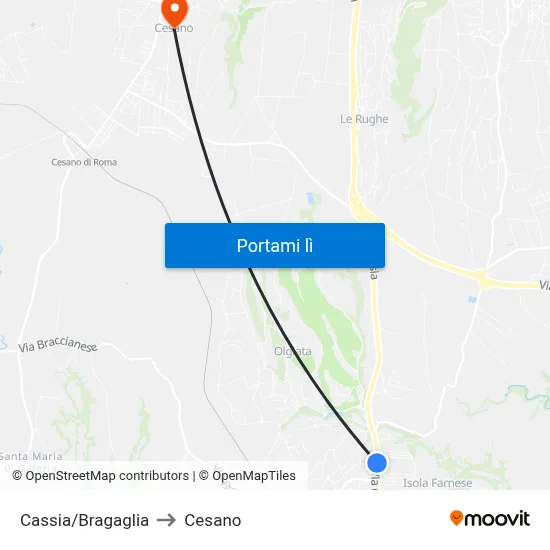 Cassia/Bragaglia to Cesano map