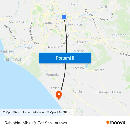 Rebibbia (Mb) to Tor San Lorenzo map