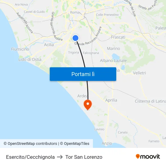 Esercito/Cecchignola to Tor San Lorenzo map