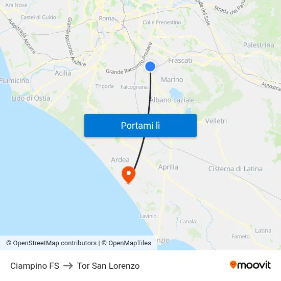 Ciampino FS to Tor San Lorenzo map
