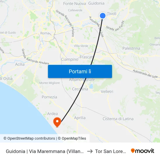 Guidonia | Via Maremmana (Villanova) to Tor San Lorenzo map