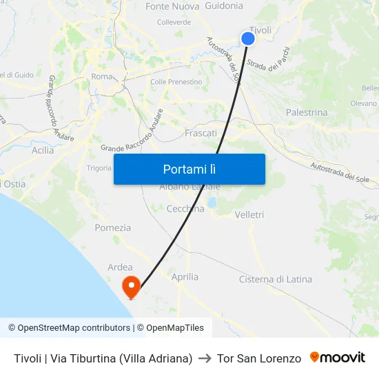 Tivoli | Via Tiburtina (Villa Adriana) to Tor San Lorenzo map