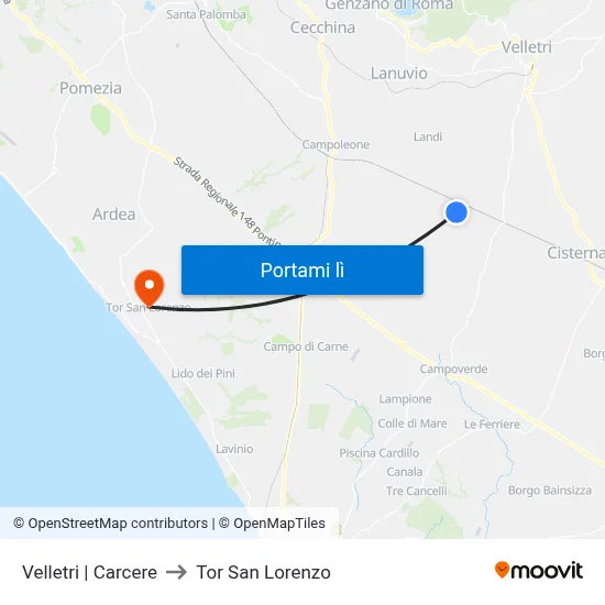 Velletri | Carcere to Tor San Lorenzo map