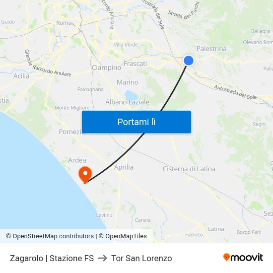 Zagarolo | Stazione FS to Tor San Lorenzo map