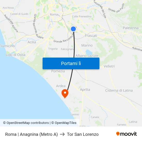 Roma | Anagnina (Metro A) to Tor San Lorenzo map