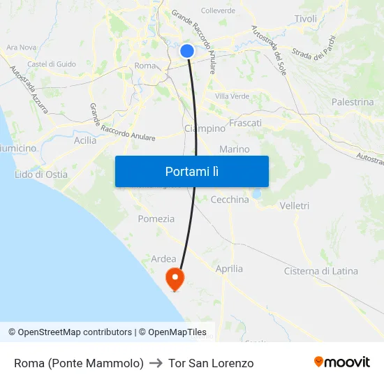Roma (Ponte Mammolo) to Tor San Lorenzo map