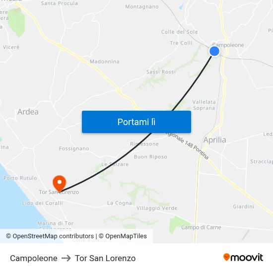 Campoleone to Tor San Lorenzo map