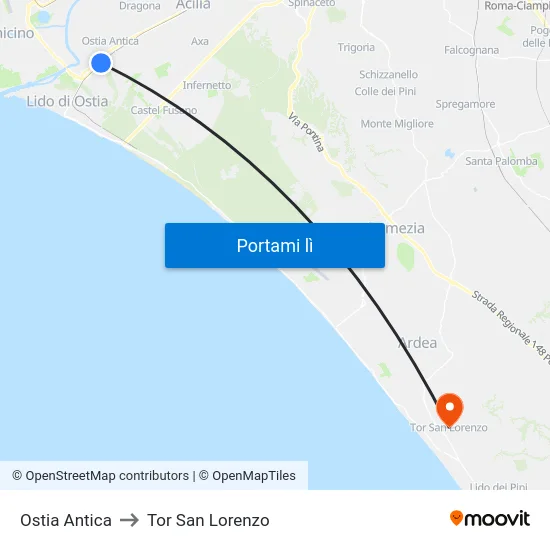 Ostia Antica to Tor San Lorenzo map