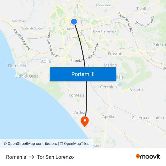 Romania to Tor San Lorenzo map