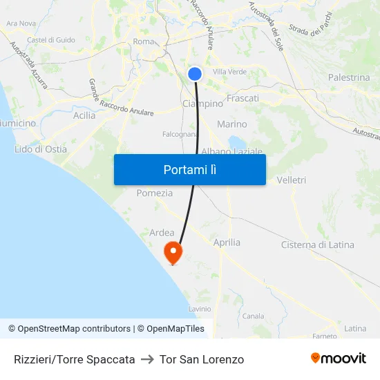 Rizzieri/Torre Spaccata to Tor San Lorenzo map