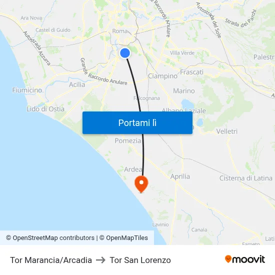 Tor Marancia/Arcadia to Tor San Lorenzo map