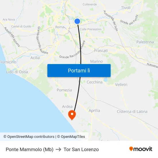 Ponte Mammolo (Mb) to Tor San Lorenzo map