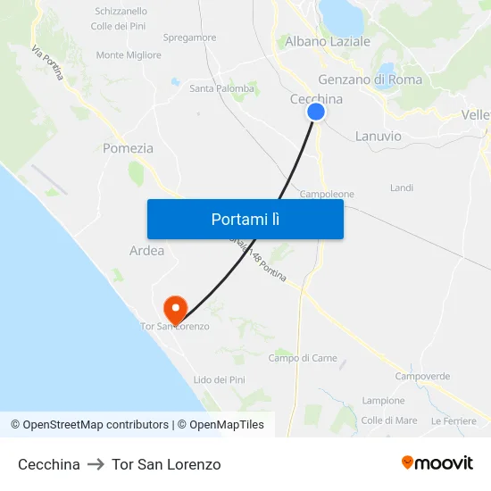 Cecchina to Tor San Lorenzo map
