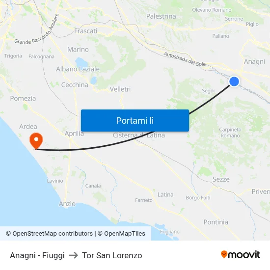Anagni - Fiuggi to Tor San Lorenzo map