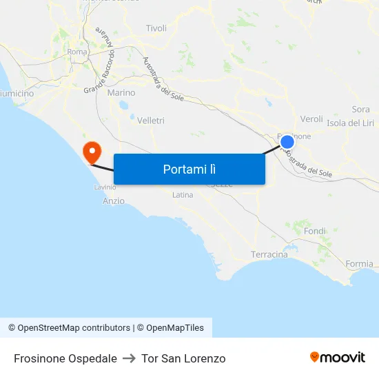 Frosinone Ospedale to Tor San Lorenzo map