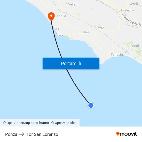 Ponza to Tor San Lorenzo map