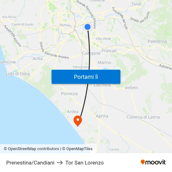 Prenestina/Candiani to Tor San Lorenzo map