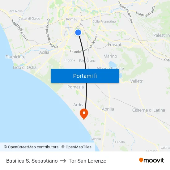 Basilica S. Sebastiano to Tor San Lorenzo map