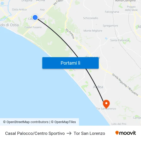 Casal Palocco/Centro Sportivo to Tor San Lorenzo map
