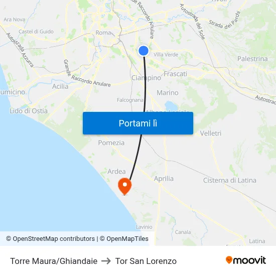 Torre Maura/Ghiandaie to Tor San Lorenzo map