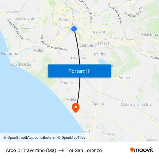 Arco Di Travertino (Ma) to Tor San Lorenzo map