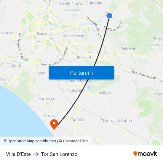 Villa D'Este to Tor San Lorenzo map