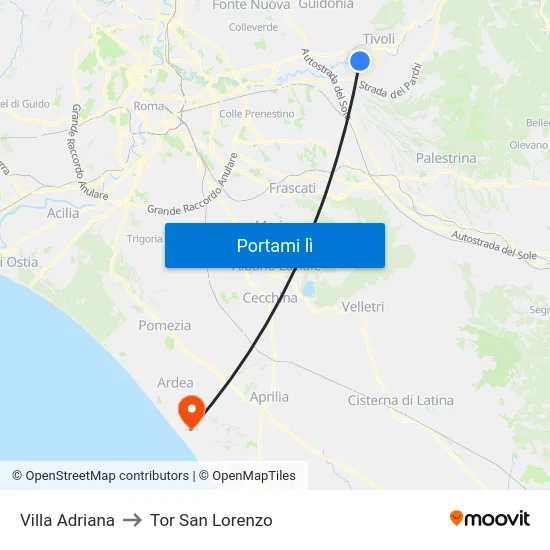 Villa Adriana to Tor San Lorenzo map
