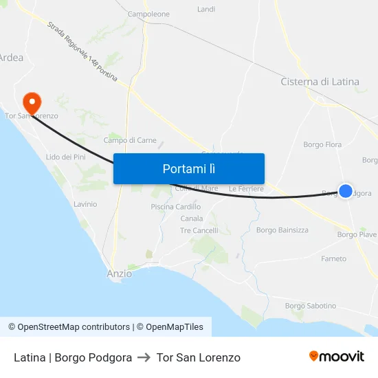 Latina | Borgo Podgora to Tor San Lorenzo map