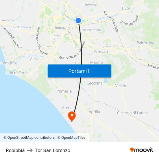 Rebibbia to Tor San Lorenzo map