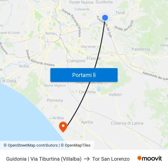 Guidonia | Via Tiburtina (Villalba) to Tor San Lorenzo map