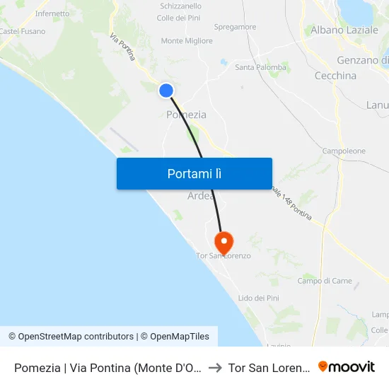 Pomezia | Via Pontina (Monte D'Oro) to Tor San Lorenzo map