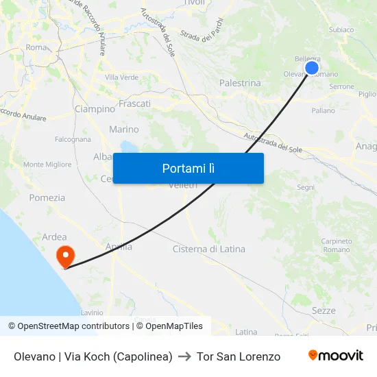 Olevano | Via Koch (Capolinea) to Tor San Lorenzo map