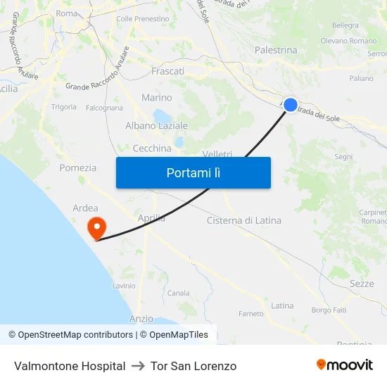 Valmontone Hospital to Tor San Lorenzo map