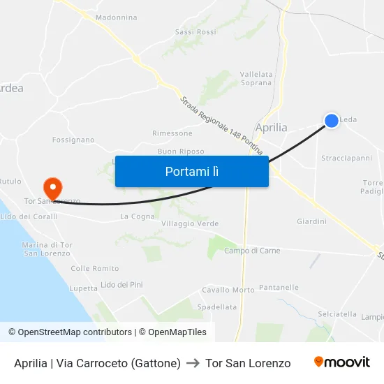 Aprilia | Via Carroceto (Gattone) to Tor San Lorenzo map