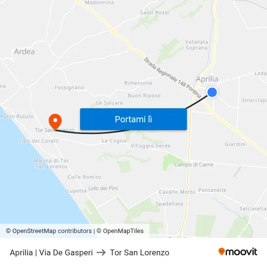 Aprilia | Via De Gasperi to Tor San Lorenzo map