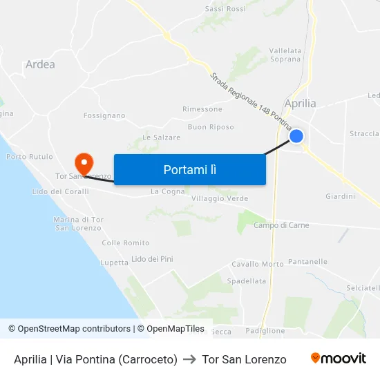 Aprilia | Via Pontina (Carroceto) to Tor San Lorenzo map