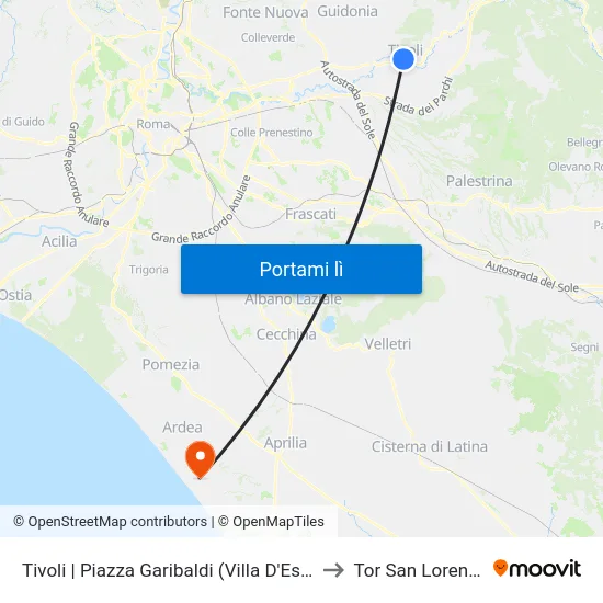 Tivoli | Piazza Garibaldi (Villa D'Este) to Tor San Lorenzo map
