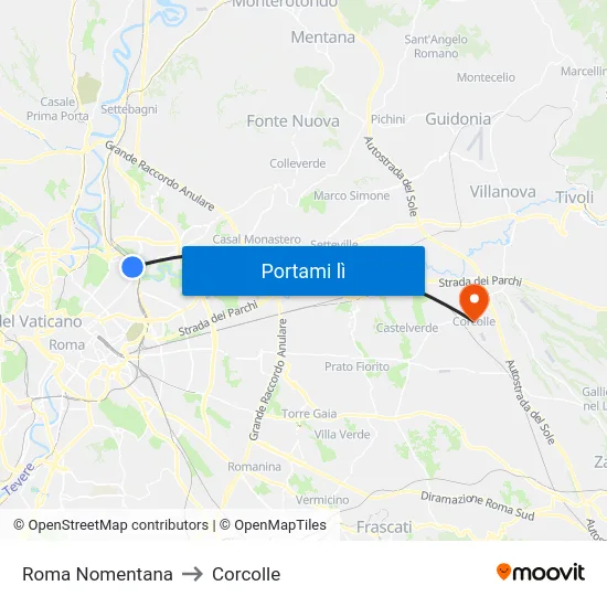 Roma Nomentana to Corcolle map