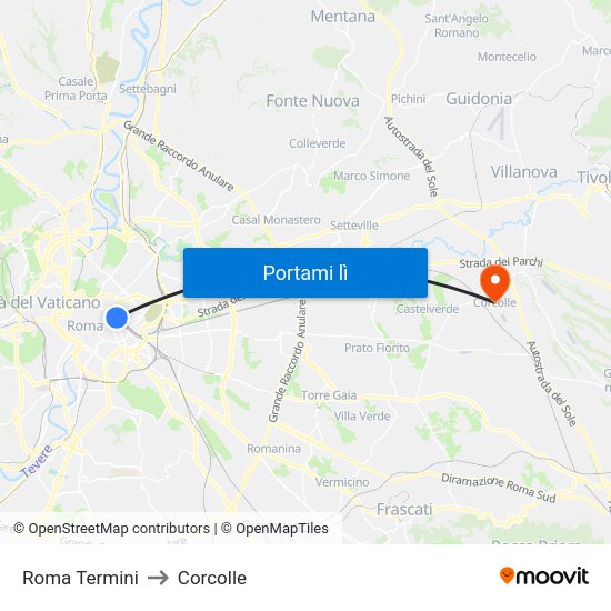 Roma Termini to Corcolle map