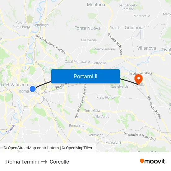 Roma Termini to Corcolle map