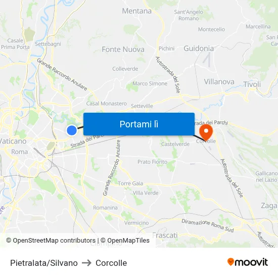 Pietralata/Silvano to Corcolle map