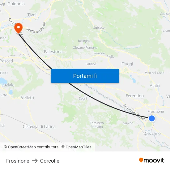 Frosinone to Corcolle map