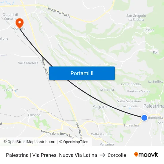 Palestrina | Via Prenes. Nuova Via Latina to Corcolle map