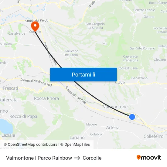 Valmontone | Parco Rainbow to Corcolle map