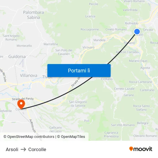 Arsoli to Corcolle map