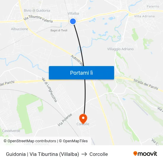 Guidonia | Via Tiburtina (Villalba) to Corcolle map