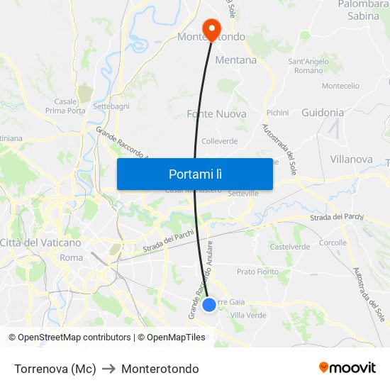 Torrenova (Mc) to Monterotondo map